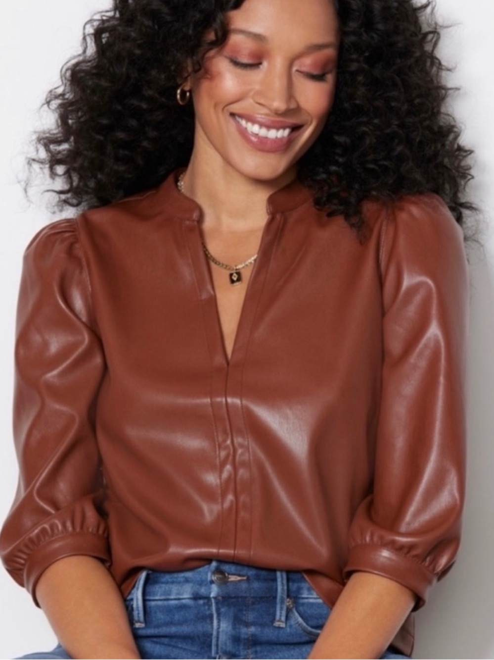 Evereve Ryann faux leather top in cognac size small